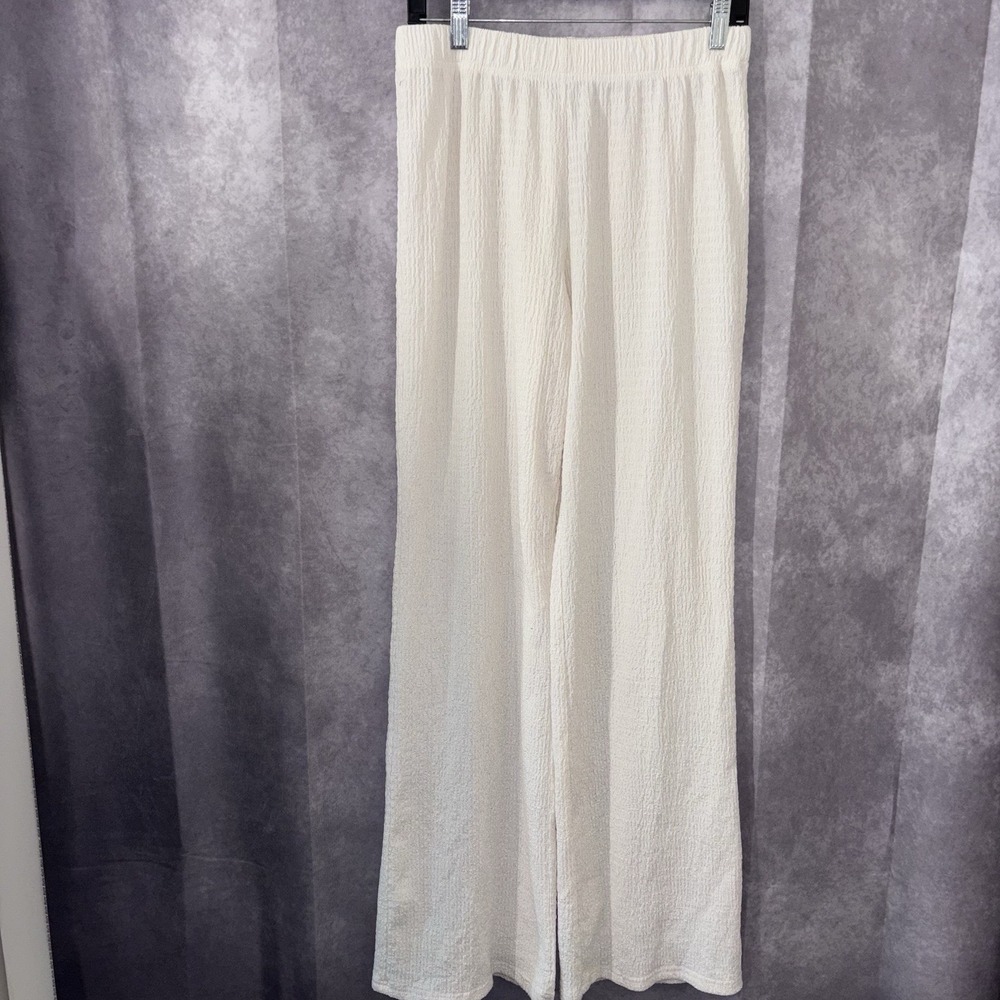 Miou Muse NEW Size Large Crinkle Cream Waist Stretch Crop Wide Leg Chic Coastal